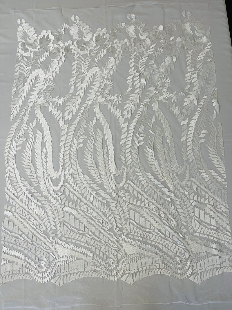 Leaf Pattern Fancy Lace Fabric - White - Embroidered Design on Lace Mesh By Yard