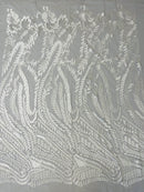 Leaf Pattern Fancy Lace Fabric - White - Embroidered Design on Lace Mesh By Yard