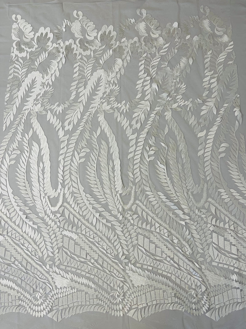 Leaf Pattern Fancy Lace Fabric - White - Embroidered Design on Lace Mesh By Yard