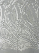 Leaf Pattern Fancy Lace Fabric - White - Embroidered Design on Lace Mesh By Yard