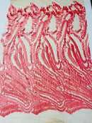 Leaf Pattern Fancy Lace Fabric - Coral - Embroidered Design on Lace Mesh By Yard