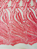 Leaf Pattern Fancy Lace Fabric - Coral - Embroidered Design on Lace Mesh By Yard