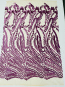 Leaf Pattern Fancy Lace Fabric - Purple - Embroidered Design on Lace Mesh By Yard