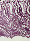Leaf Pattern Fancy Lace Fabric - Purple - Embroidered Design on Lace Mesh By Yard