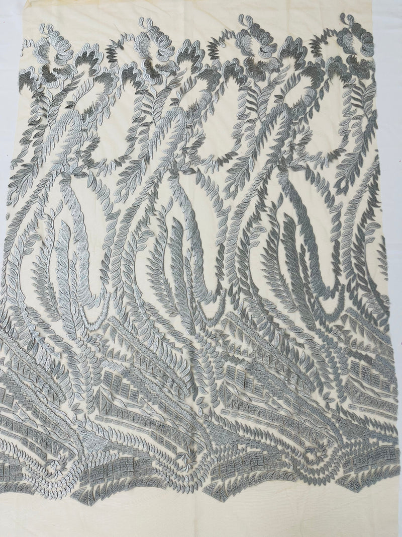 Leaf Pattern Fancy Lace Fabric - Silver - Embroidered Design on Lace Mesh By Yard