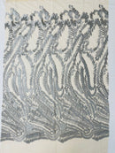 Leaf Pattern Fancy Lace Fabric - Silver - Embroidered Design on Lace Mesh By Yard