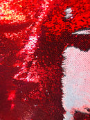 Flip Up Sequins Reversible - Red / Matte Silver Two Tone Mermaid Sequins Spandex Fabric By The Yard