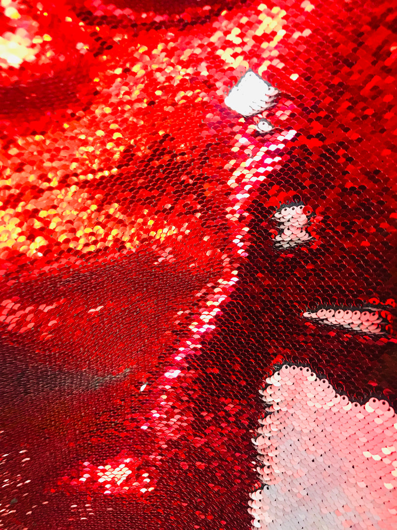 Flip Up Sequins Reversible - Red / Matte Silver Two Tone Mermaid Sequins Spandex Fabric By The Yard
