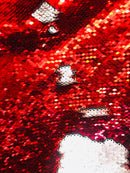 Flip Up Sequins Reversible - Red / Matte Silver Two Tone Mermaid Sequins Spandex Fabric By The Yard
