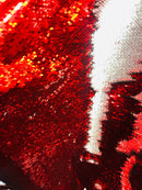 Flip Up Sequins Reversible - Red / Matte Silver Two Tone Mermaid Sequins Spandex Fabric By The Yard