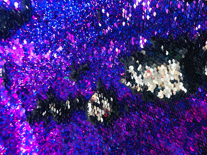 Flip Up Sequins Reversible - Hologram Purple Silver Two Tone Mermaid Sequins Spandex Fabric By Yard