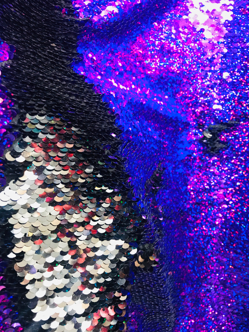 Flip Up Sequins Reversible - Hologram Purple Silver Two Tone Mermaid Sequins Spandex Fabric By Yard