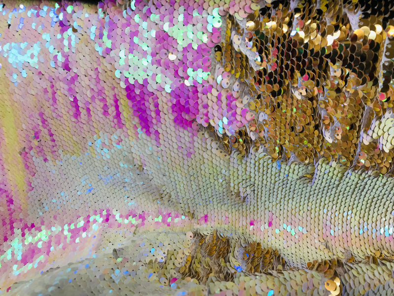 Flip Up Sequins Reversible - Hologram Pink / Gold Two Tone Mermaid Sequins Spandex Fabric By Yard