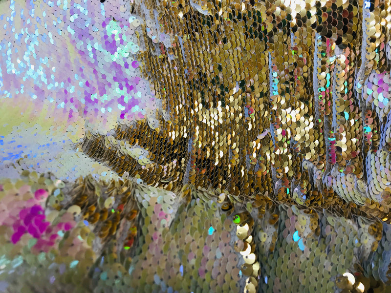 Flip Up Sequins Reversible - Hologram Pink / Gold Two Tone Mermaid Sequins Spandex Fabric By Yard