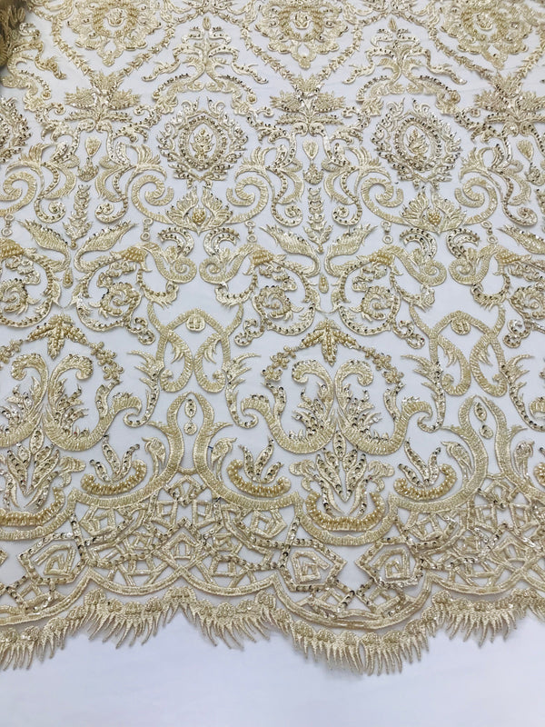 Champagne Beaded Fabric 3D Damask Design Embroidered 3D Pattern Design Fabric on Mesh By The Yard