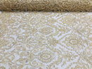 Champagne Beaded Fabric 3D Damask Design Embroidered 3D Pattern Design Fabric on Mesh By The Yard