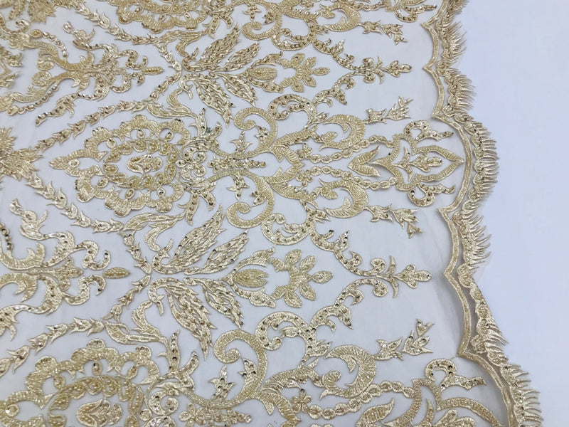 Champagne Beaded Fabric 3D Damask Design Embroidered 3D Pattern Design Fabric on Mesh By The Yard