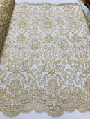 Champagne Beaded Fabric 3D Damask Design Embroidered 3D Pattern Design Fabric on Mesh By The Yard