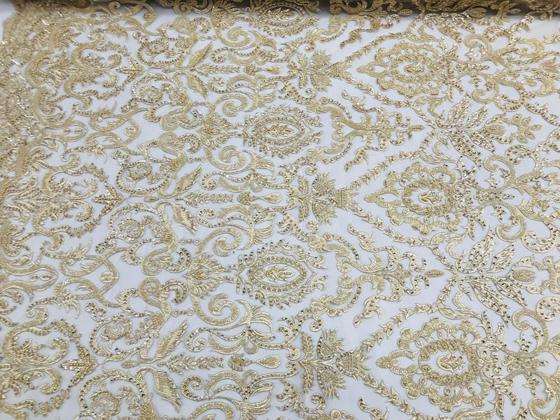 Champagne Beaded Fabric 3D Damask Design Embroidered 3D Pattern Design Fabric on Mesh By The Yard