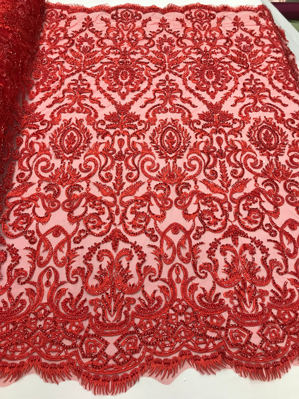 Red Beaded Fabric 3D Damask Design Embroidered 3D Pattern Design Fabric on Mesh Sold By The Yard