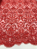 Red Beaded Fabric 3D Damask Design Embroidered 3D Pattern Design Fabric on Mesh Sold By The Yard