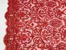 Red Beaded Fabric 3D Damask Design Embroidered 3D Pattern Design Fabric on Mesh Sold By The Yard