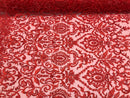 Red Beaded Fabric 3D Damask Design Embroidered 3D Pattern Design Fabric on Mesh Sold By The Yard