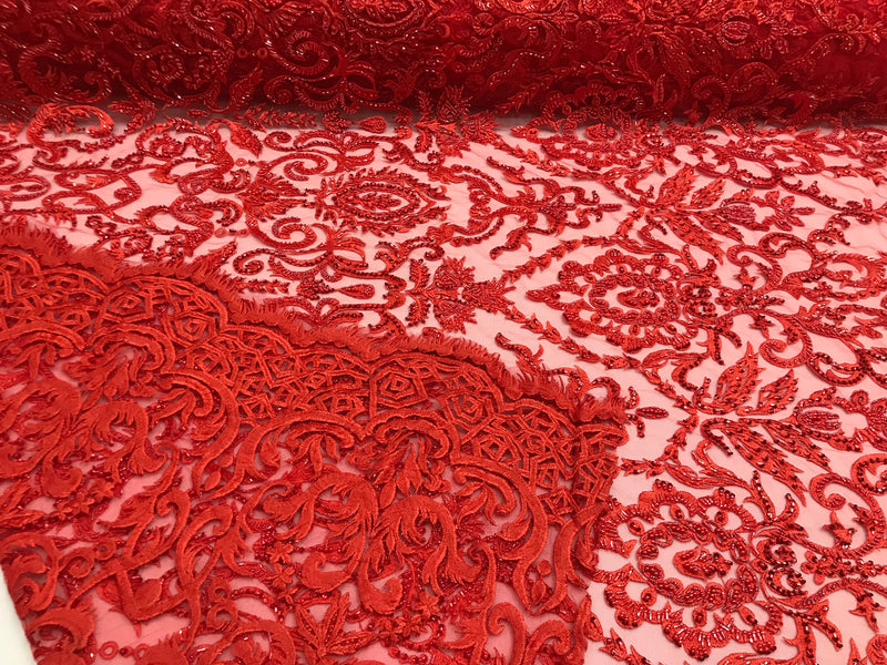 Red Beaded Fabric 3D Damask Design Embroidered 3D Pattern Design Fabric on Mesh Sold By The Yard