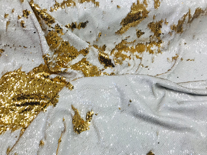 Two Tone Reversible - Gold / White - 2 Way Stretch Iridescent Shiny Sequins Fabric By The Yard