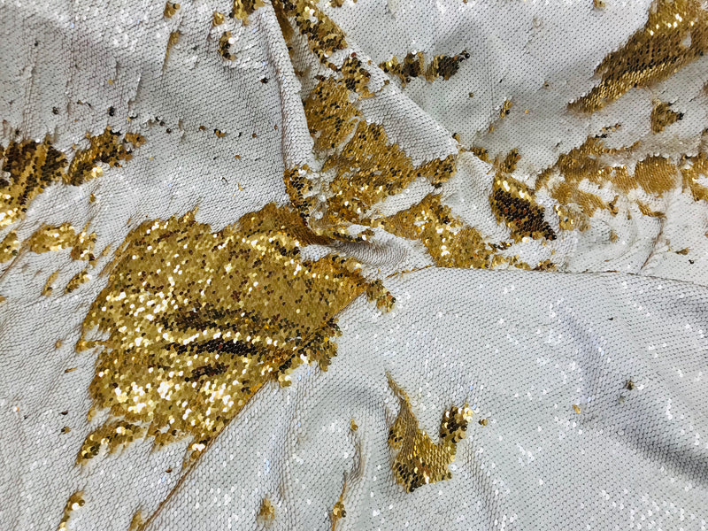 Two Tone Reversible - Gold / White - 2 Way Stretch Iridescent Shiny Sequins Fabric By The Yard