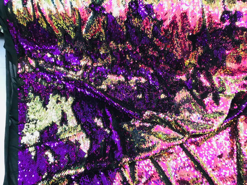 Two Tone Reversible - Magenta Purple / Gold - 2 Way Stretch Iridescent Sequins Fabric By The Yard