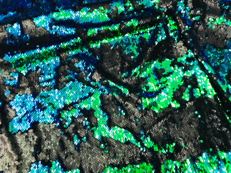 Two Tone Reversible - Jade Blue / Green - 2 Way Stretch Iridescent Shiny Sequins Fabric By The Yard
