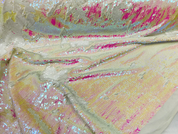 Two Tone Reversible - Iridescent Pink  White - 2 Way Stretch Shiny Sequins Fabric By The Yard