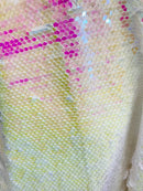 Two Tone Reversible - Iridescent Pink  White - 2 Way Stretch Shiny Sequins Fabric By The Yard