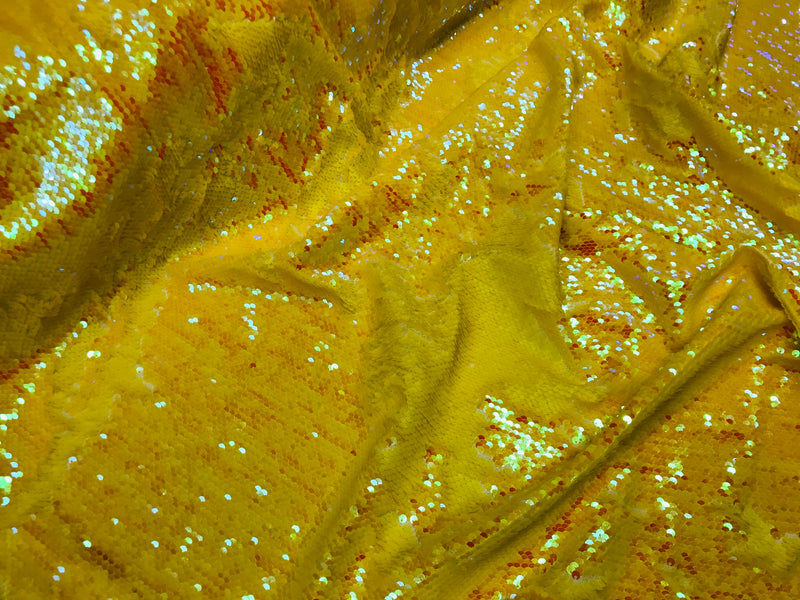 Two Tone Reversible - Yellow - 2 Way Stretch Iridescent Sequins Fabric By The Yard