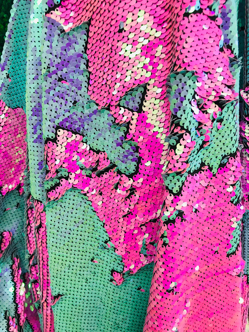Two Tone Reversible - Hot Pink/Baby Blue 2 Way Stretch Iridescent Shiny Sequins Fabric By The Yard