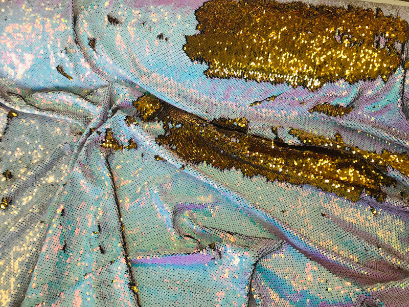 Two Tone Reversible - Gold/ Iridescent White - 2 Way Stretch Shiny Sequins Fabric By The Yard