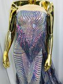 Fringe Sequins - Iridescent Blue - Dangle 4 Way Stretch Fancy Sequins Fabric Sold By The Yard