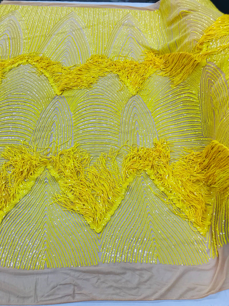 Fringe Sequins - Yellow - Dangle 4 Way Stretch Fancy Sequins Fabric Sold By The Yard