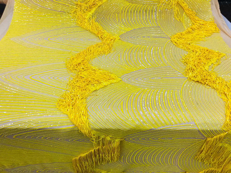 Fringe Sequins - Yellow - Dangle 4 Way Stretch Fancy Sequins Fabric Sold By The Yard
