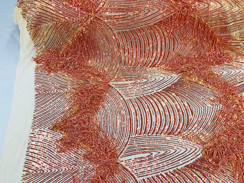 Fringe Sequins - Iridescent Orange - Dangle 4 Way Stretch Fancy Sequins Fabric Sold By The Yard