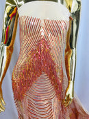Fringe Sequins - Iridescent Orange - Dangle 4 Way Stretch Fancy Sequins Fabric Sold By The Yard
