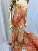 Fringe Sequins - Iridescent Orange - Dangle 4 Way Stretch Fancy Sequins Fabric Sold By The Yard