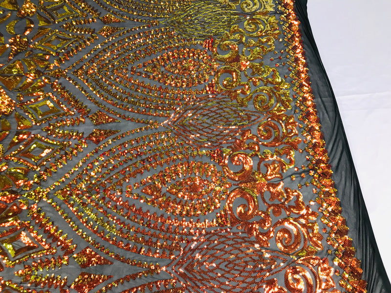 Shiny Pattern Sequins - Orange / Black Mesh - 4 Way Stretch Multi Pattern Net Design Fabric