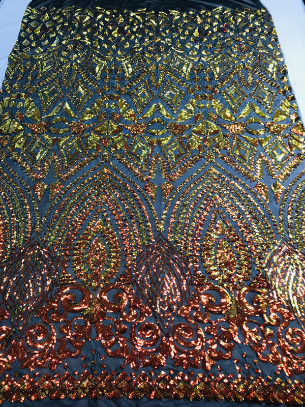 Shiny Pattern Sequins - Orange / Black Mesh - 4 Way Stretch Multi Pattern Net Design Fabric