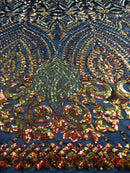 Shiny Pattern Sequins - Orange / Black Mesh - 4 Way Stretch Multi Pattern Net Design Fabric