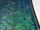 Shiny Pattern Sequins - Jade Blue / Green - 4 Way Stretch Multi Pattern Net Design Fabric