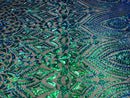 Shiny Pattern Sequins - Jade Blue / Green - 4 Way Stretch Multi Pattern Net Design Fabric