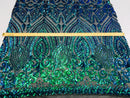 Shiny Pattern Sequins - Jade Blue / Green - 4 Way Stretch Multi Pattern Net Design Fabric