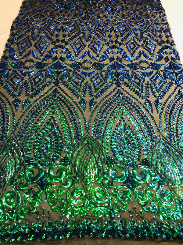 Shiny Pattern Sequins - Jade Blue / Green - 4 Way Stretch Multi Pattern Net Design Fabric